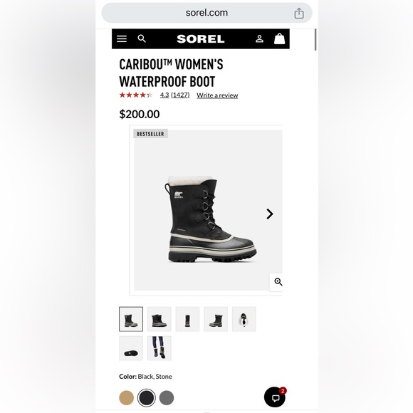 NWT SOREL CARIBOU™ WOMEN'S WATERPROOF BOOT In Leather, Black/Stone Color, US 7 - Picture 16 of 16